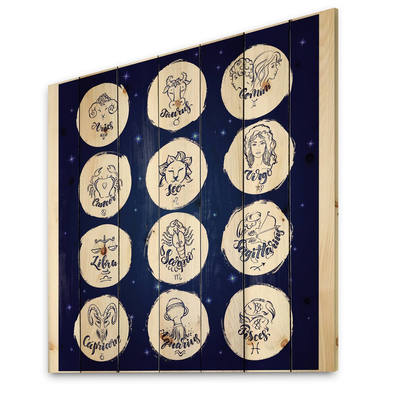 Designart - Zodiac Signs On Blue - Modern Print on Natural Pine Wood
